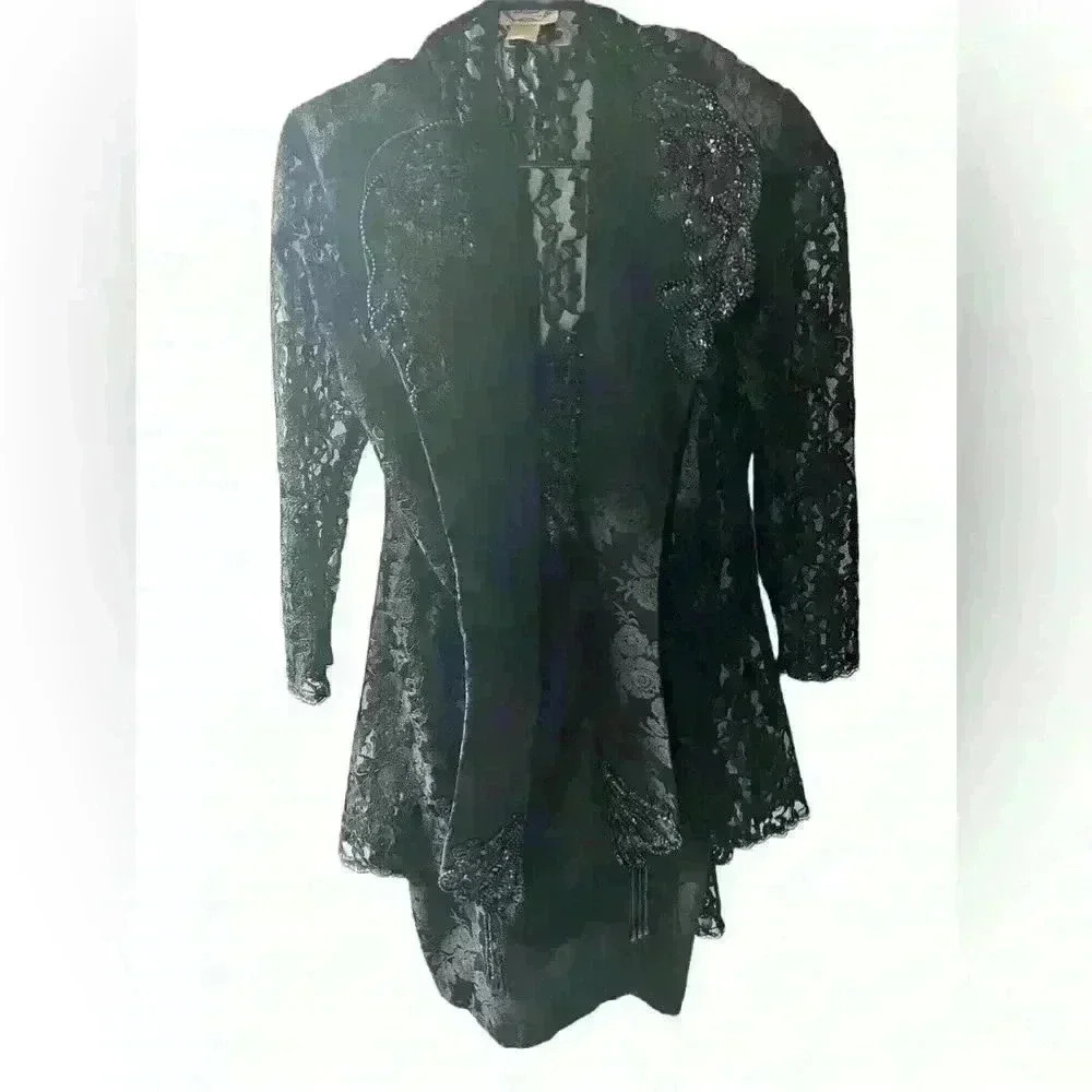80s Black Lace, Bead, Brocade Dress and Jacket, Dollar Clothing Brand size 15